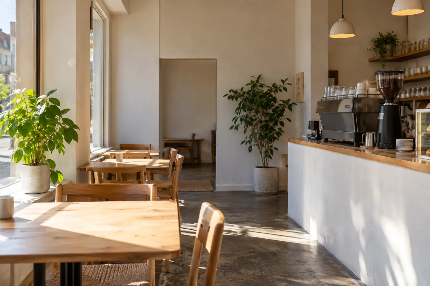 Sunlit coffee shop with healthy plants integrated into the space