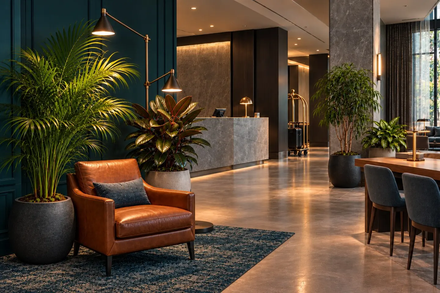 Lounge where plants, seating and dedicated lighting work together